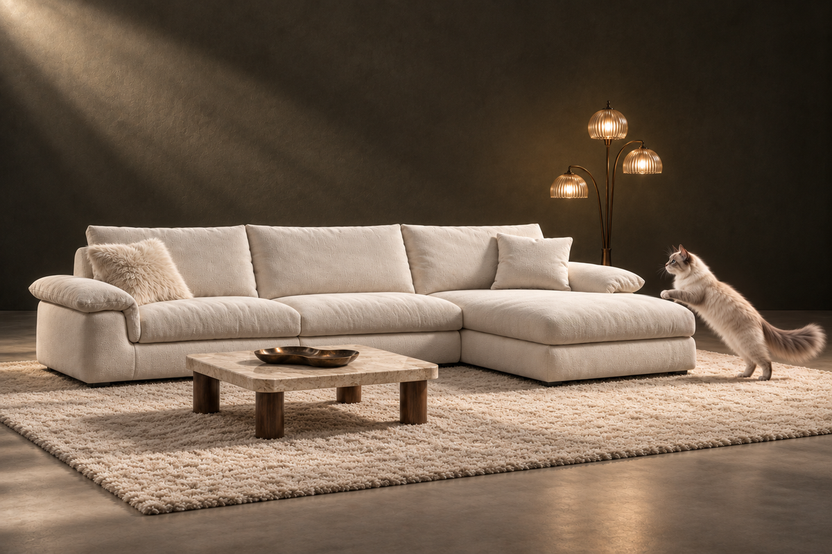 Modern minimalist white L-shaped sectional sofa with a chaise showcased in a studio setting with mood lighting.