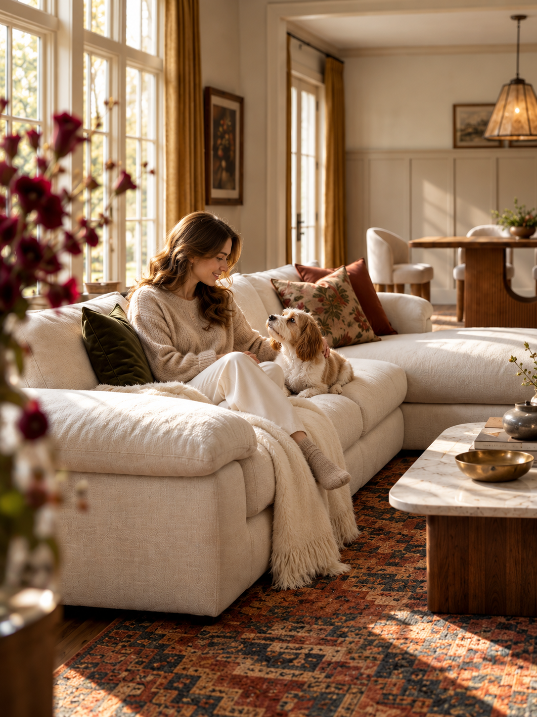 A woman and her dog relaxing on a comfortable, pet-friendly white L-shaped sectional sofa with a chaise.