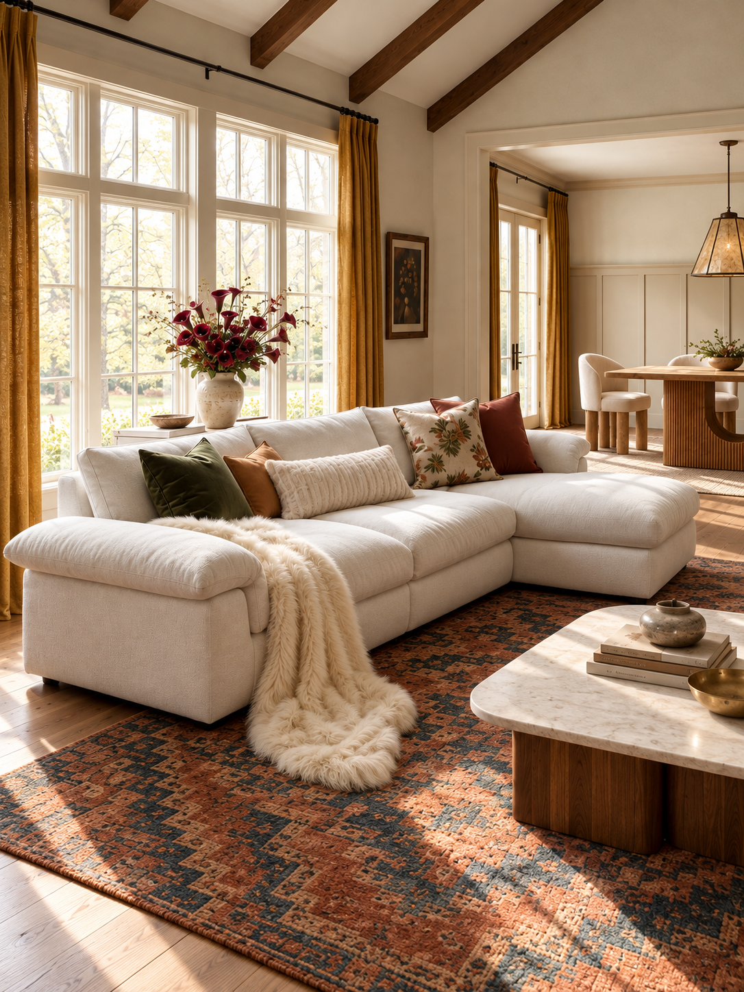 A plush white L-shaped sectional sofa with a chaise in a sunlit living room, styled with a fuzzy throw blanket and decorative pillows.