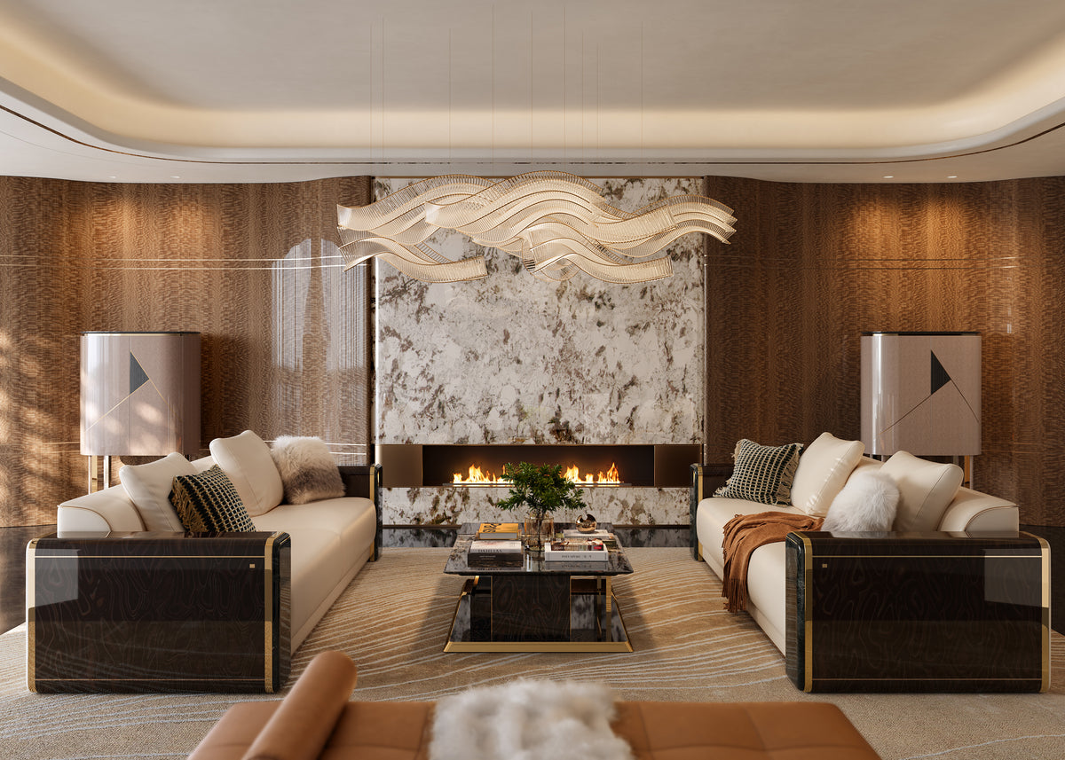 Premium custom Mirelano Nares sofas facing each other in a warm luxury living room with a striking wavy glass chandelier.