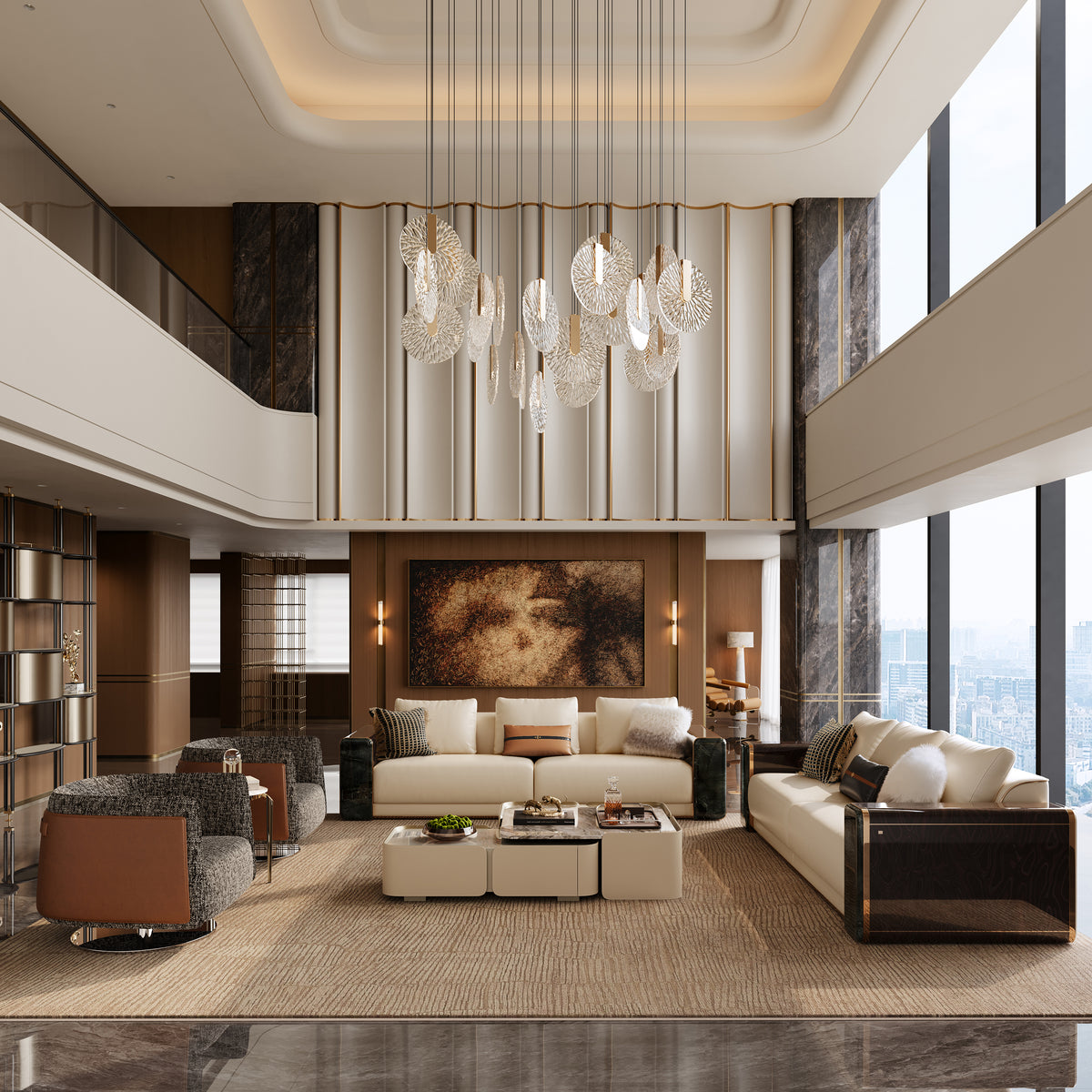 Premium Mirelano Nares Sofa paired with patterned lounge chairs in an elegant, high-ceiling living room.