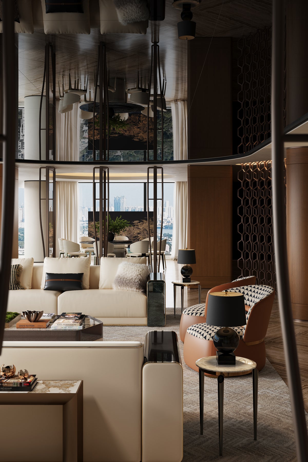 Vertical view of the premium Mirelano Nares Sofa set in a luxury penthouse lounge, featuring patterned armchairs and a reflective mirrored ceiling.