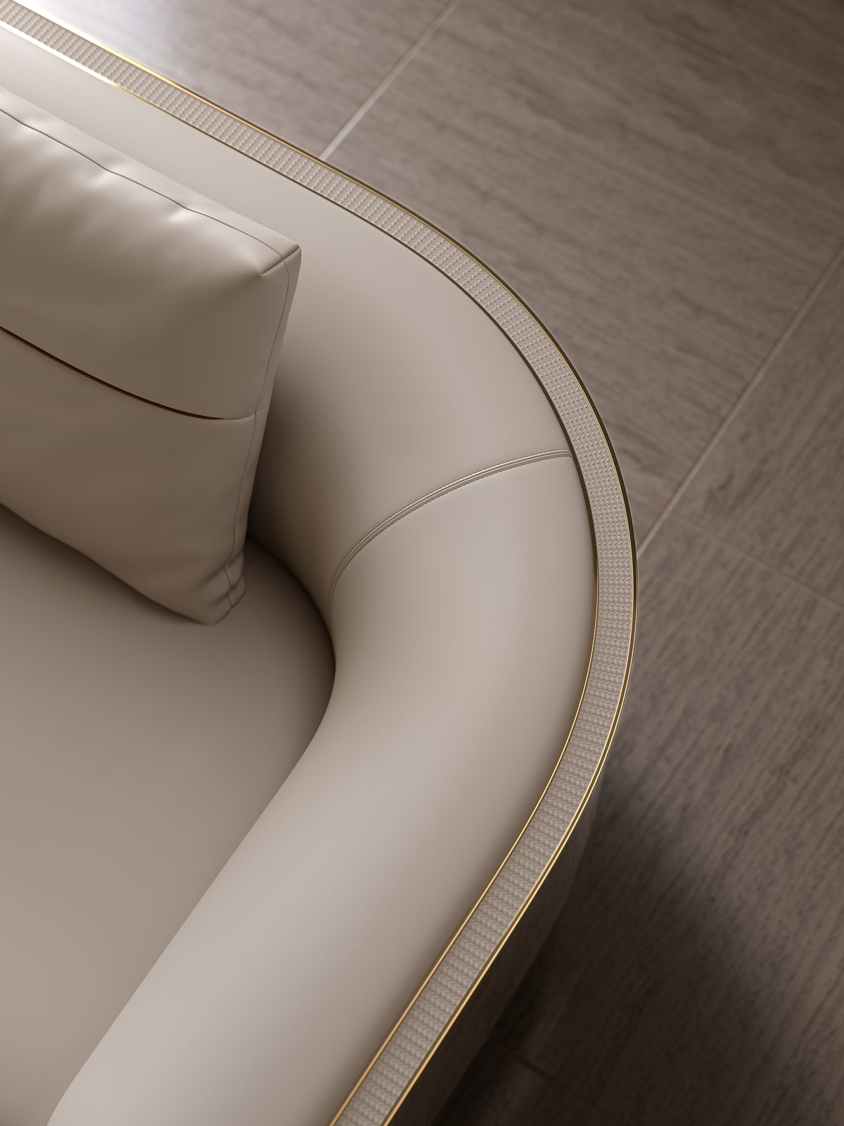 Extreme close-up of the premium Mirelano Ripley Sofa armrest, emphasizing the luxury stitching craftsmanship and leather texture.