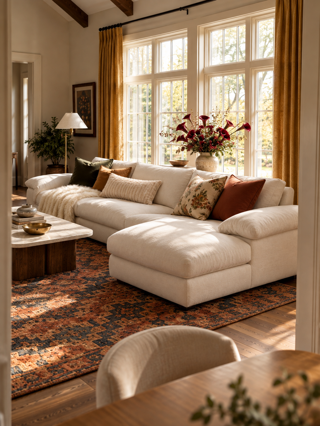 A bright living room featuring a spacious white L-shaped sectional sofa with a chaise, placed by large windows and decorated with pillows.