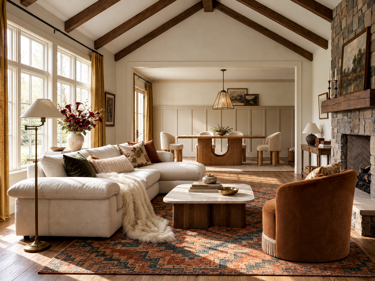 A spacious white L-shaped sectional sofa with a chaise in a bright living room with a patterned rug.